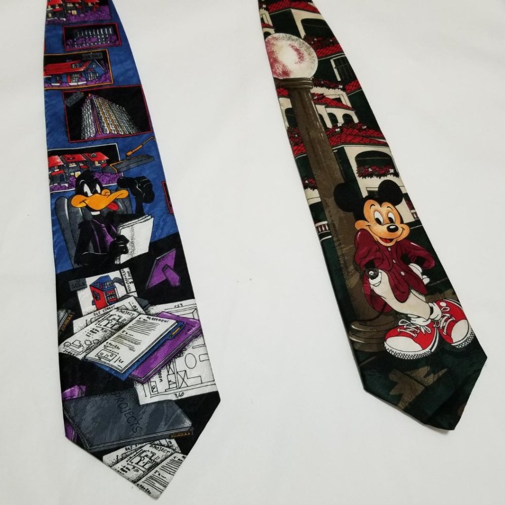 Lot of 2 Cartoon Printed Neck Ties Mickey & Daffy - Picture 1 of 7